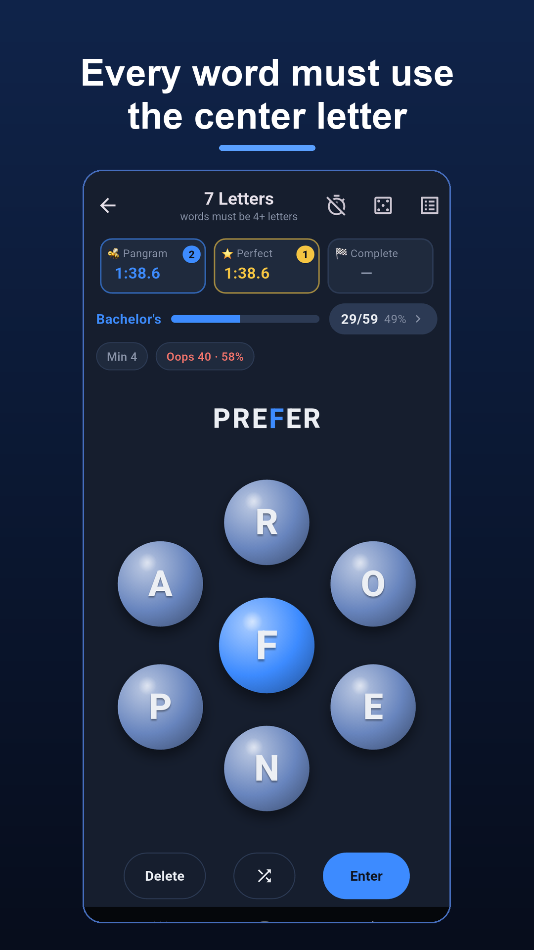 Gameplay: every word uses the center letter