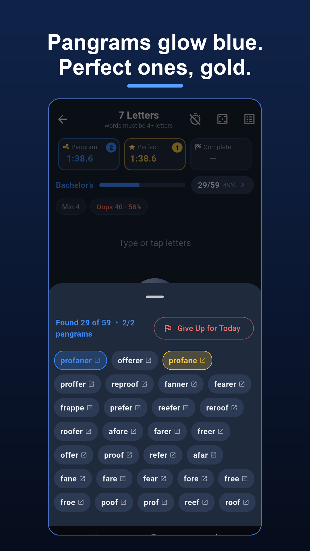 Word list: pangrams glow blue, perfect ones gold
