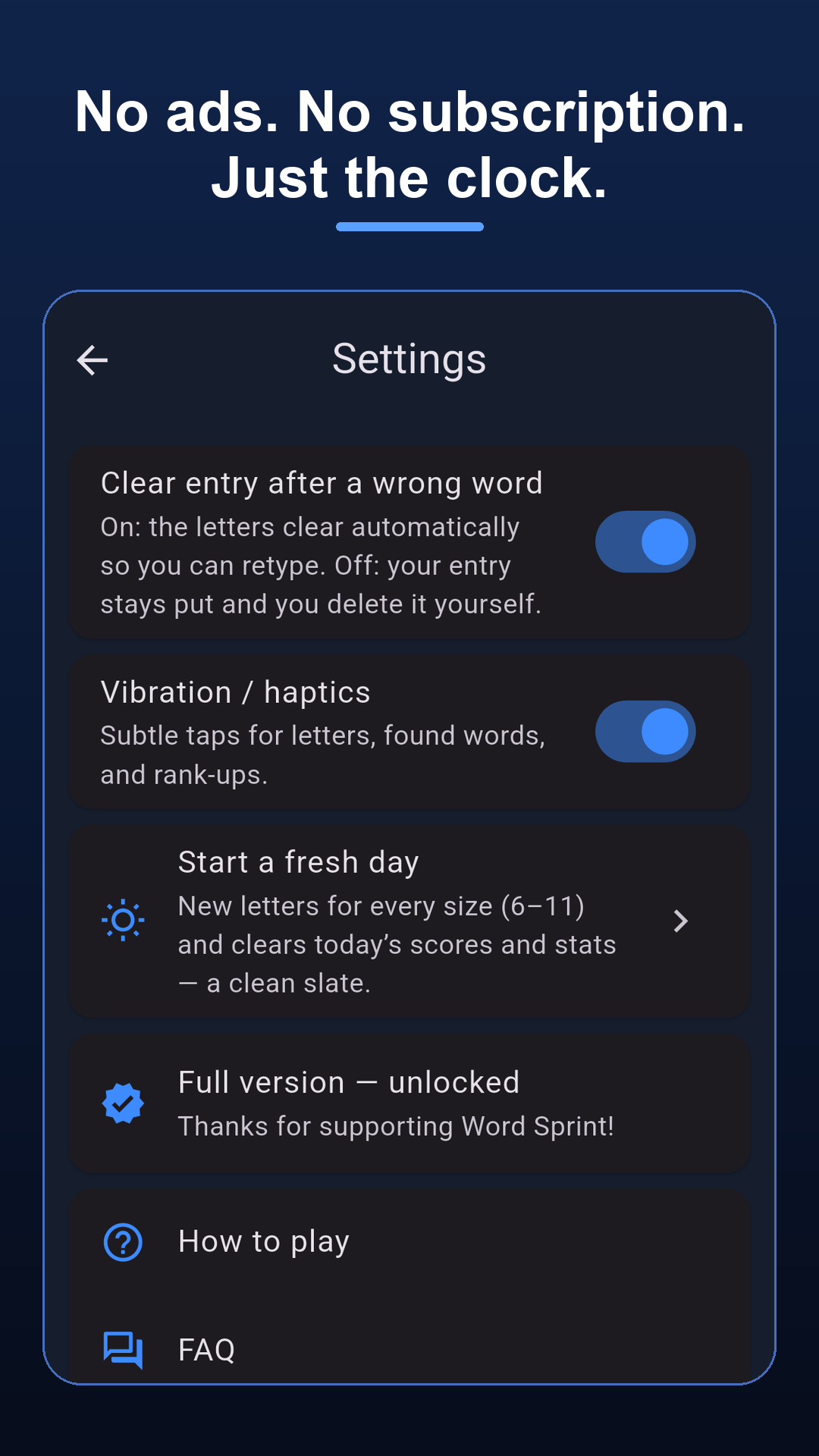 Settings: no ads, no subscription